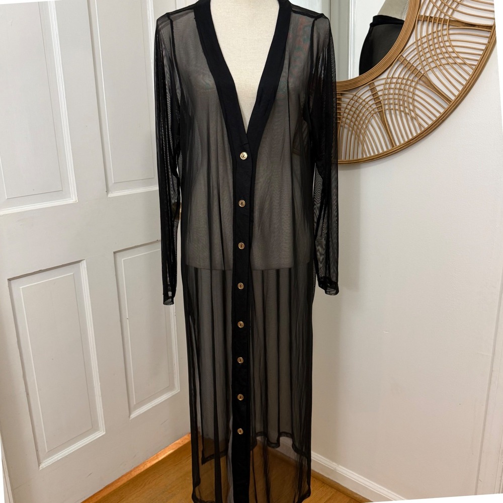 Lilian Sheer Mesh Duster Cardigan Sz 3X Black Coverup Maxi Festival Witchy Goth